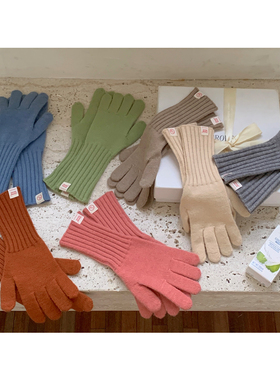 定制款~冬季长款蓝色针织手套女复古五指骑行防寒保暖可触屏手套