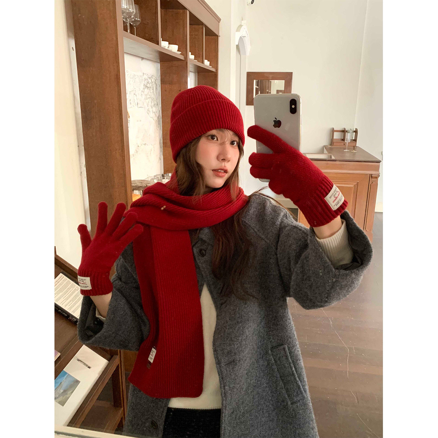 定制款~美利奴纯羊毛红色帽子围巾手套三件套女韩系氛围感套装ins