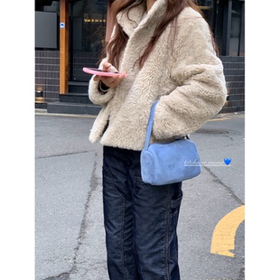 芝士商店~韩系蓝色手拎波士顿包女2026新款冬季通勤百搭手提包包