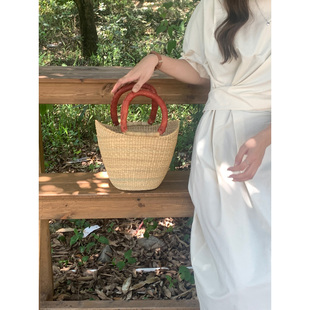 非洲进口牛皮草编包女法式 高级感小众手工编织手提菜篮子包包草包