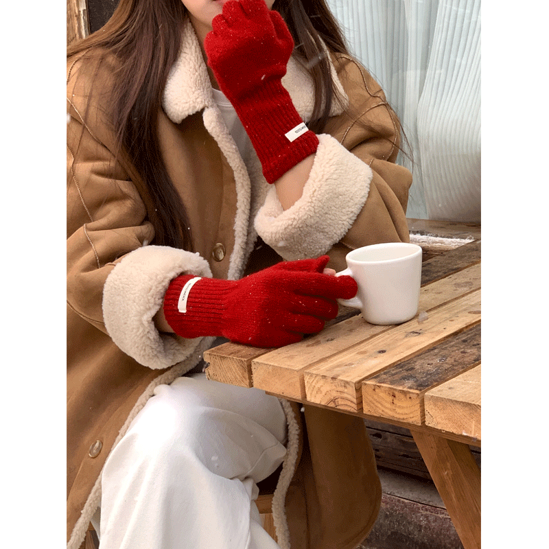 芝士商店~圣诞红色纯羊毛手套女秋冬保暖可触屏毛线针织五指手套
