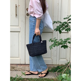 定制款 度假风单肩手提编织包复古手拎包包 黑色拉菲草编包女法式