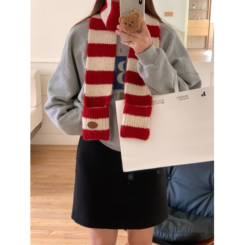定制款~冬季窄版红白条纹围巾女