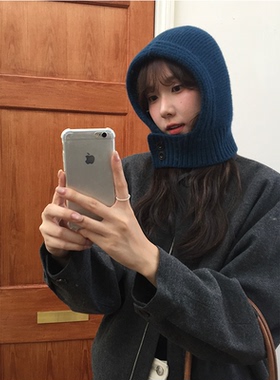 原创款~纯羊毛蓝色巴拉克拉法帽女冬季连帽围脖针织帽子围巾一体