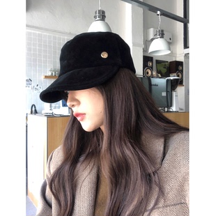 定制款 麂皮绒平顶鸭舌报童帽女黑色英伦贝雷帽子复古礼帽马术帽