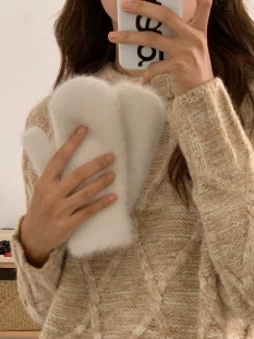 兔毛手套冬季 女可爱ins不分指加绒加厚毛绒保暖骑行手套 芝士商店