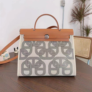 herbag新款大容量凯莉包真牛皮配帆布31cm手提单肩斜挎包时尚大包