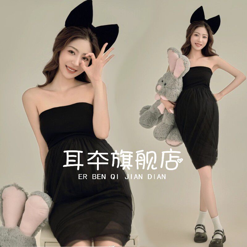 孕妇拍照黑色抹胸裙摄影服装