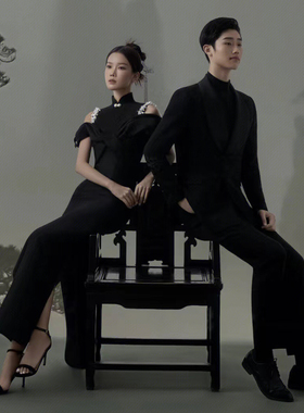 影楼主题黑色改良旗袍个性写真礼服女古风工笔画情侣摄影服装修身