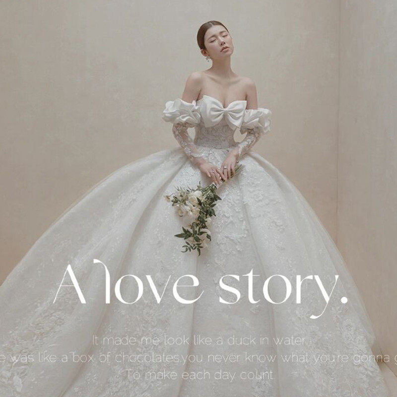 影楼主题婚纱新款展会白色法式复古泡泡袖情侣摄影拍照写真礼服装