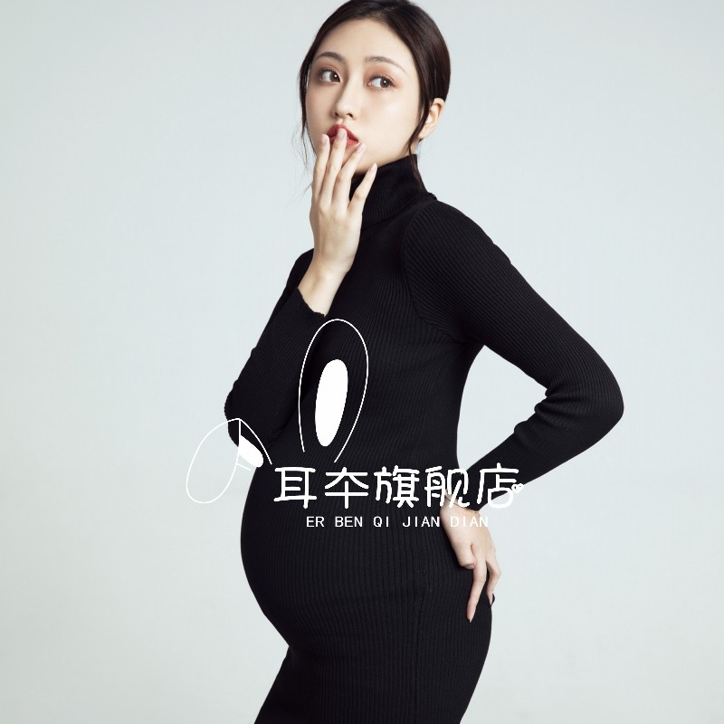 孕妇拍照服装新款影楼性感修身服饰显瘦黑色毛衣时尚孕妇写真摄影