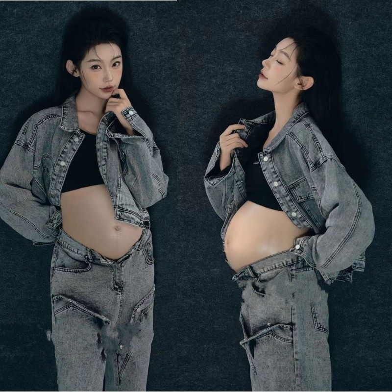 孕妇拍照服装个性时尚牛仔裤