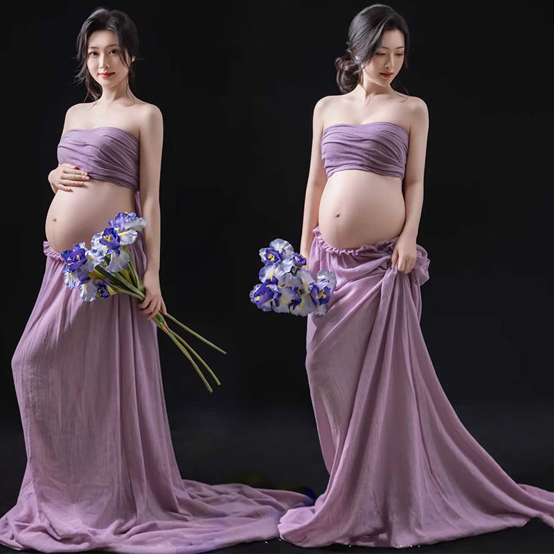 法式紫色抹胸孕妇写真服