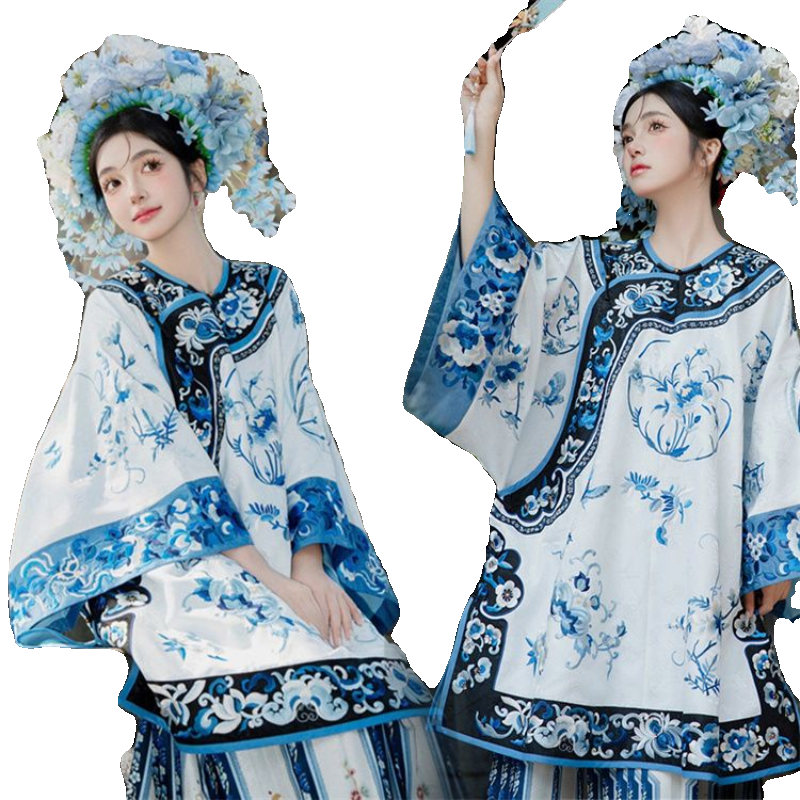 浔埔女簪花新款汉服青花瓷复古