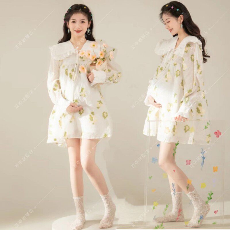 新款孕妇拍照服装春夏小清新可爱妈咪艺术照写真摄影碎花连衣裙