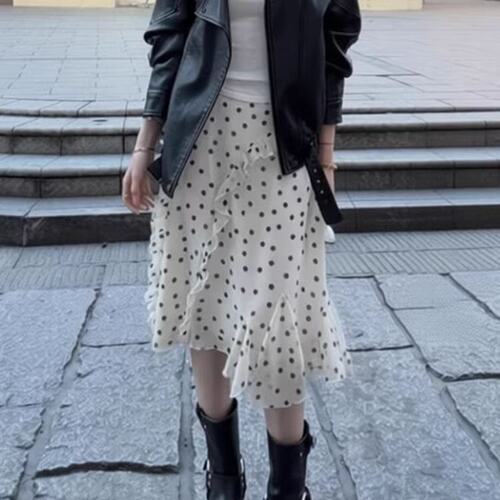 CUBIC复古不规则裙荷叶边杏色长裙2026春夏波点半身裙