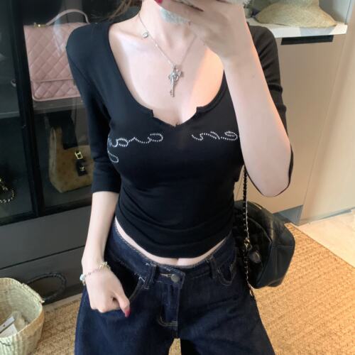 大码夏季新款纯欲风V领烫钻辣妹上衣修身显瘦绝美T恤
