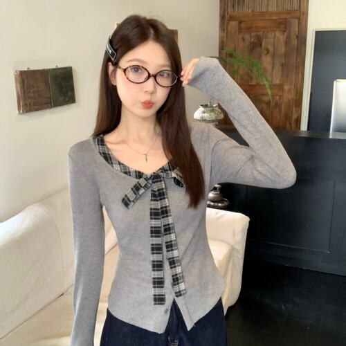 大码女装秋季新款美式复古学院风假两件格子拼接长袖上衣