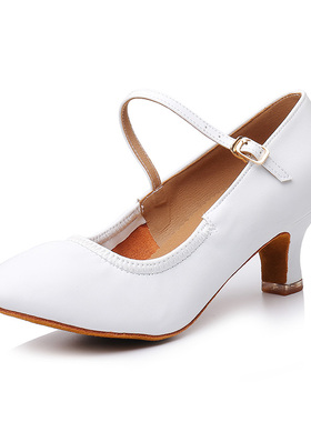 2025新款白色专业摩登舞鞋女士中跟国标华尔兹软底跳广场舞蹈鞋