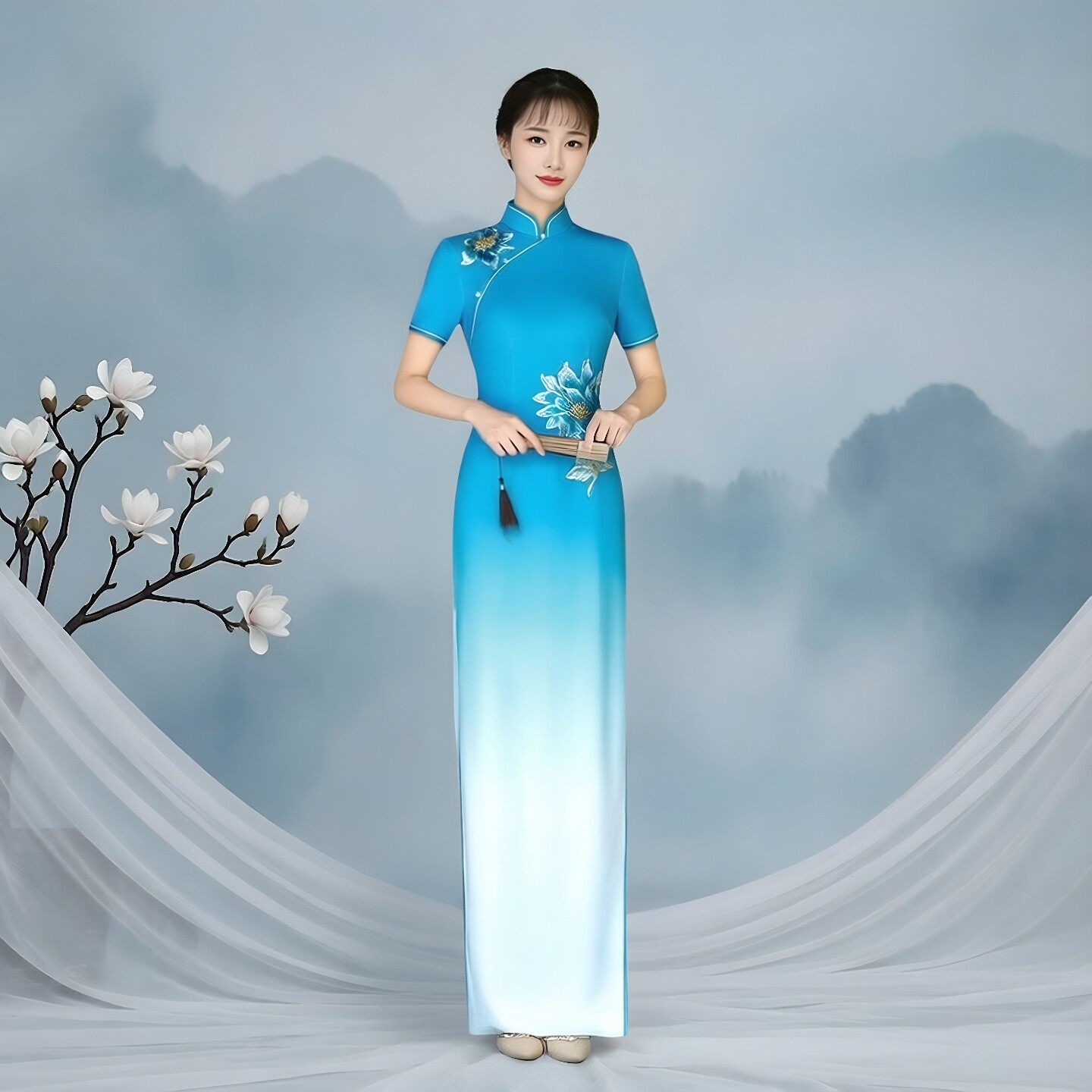 新中式渐变长款旗袍礼服