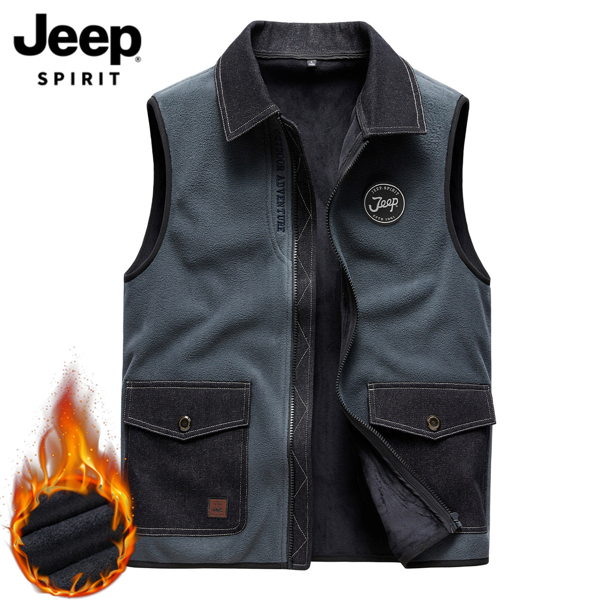 JEEP FLEECE VEST MENS WINTER NEW DENIM STITCHING OVERALLS THICK SHOULDERS WARM HORSE CLIP JACKET MEN