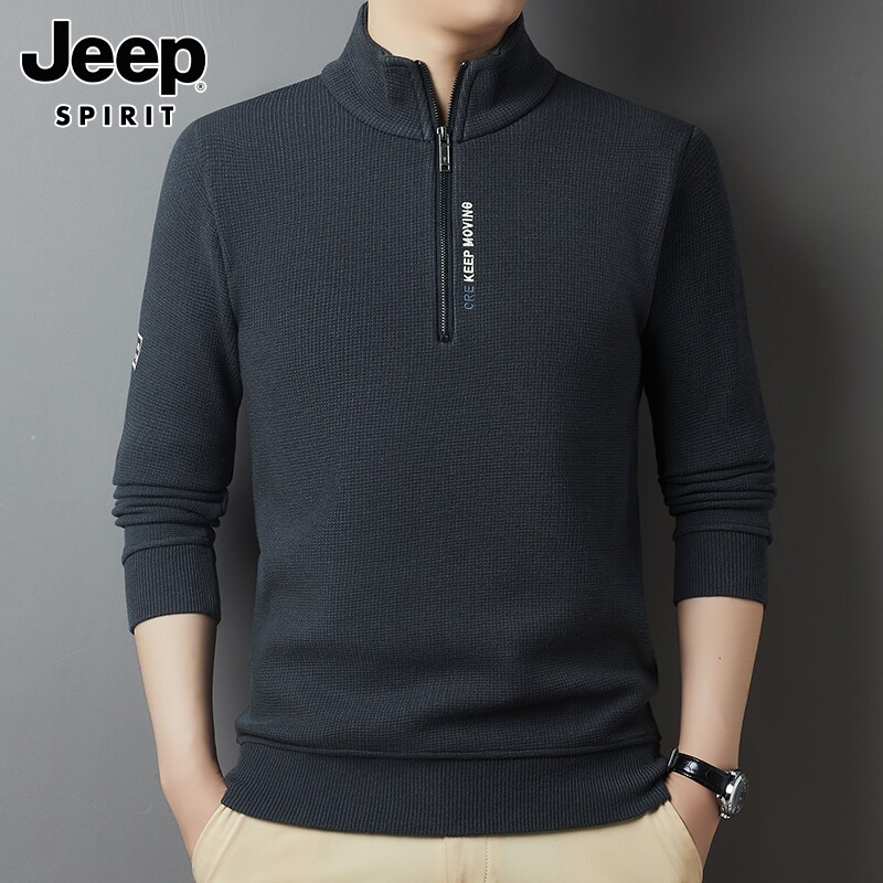 JEEP SWEATER MENS WINTER 2024 HALF-TURTLENECK ZIPPER BOTTOM SWEATER ONE-IN-ONE VELVET THERMAL KNIT MEN