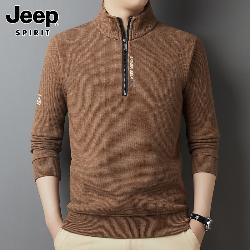 JEEP SWEATER MENS WINTER 2024 HALF-TURTLENECK ZIPPER BOTTOM SWEATER ONE-IN-ONE VELVET THERMAL KNIT MEN
