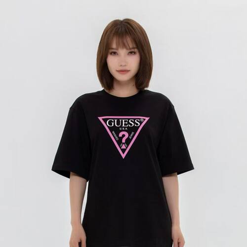 GUESS男女同款撞色设计经典倒三角短袖T恤