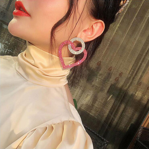 925银针镶钻夸张耳环超大时尚桃心耳坠爱心水晶古力娜扎同款耳饰