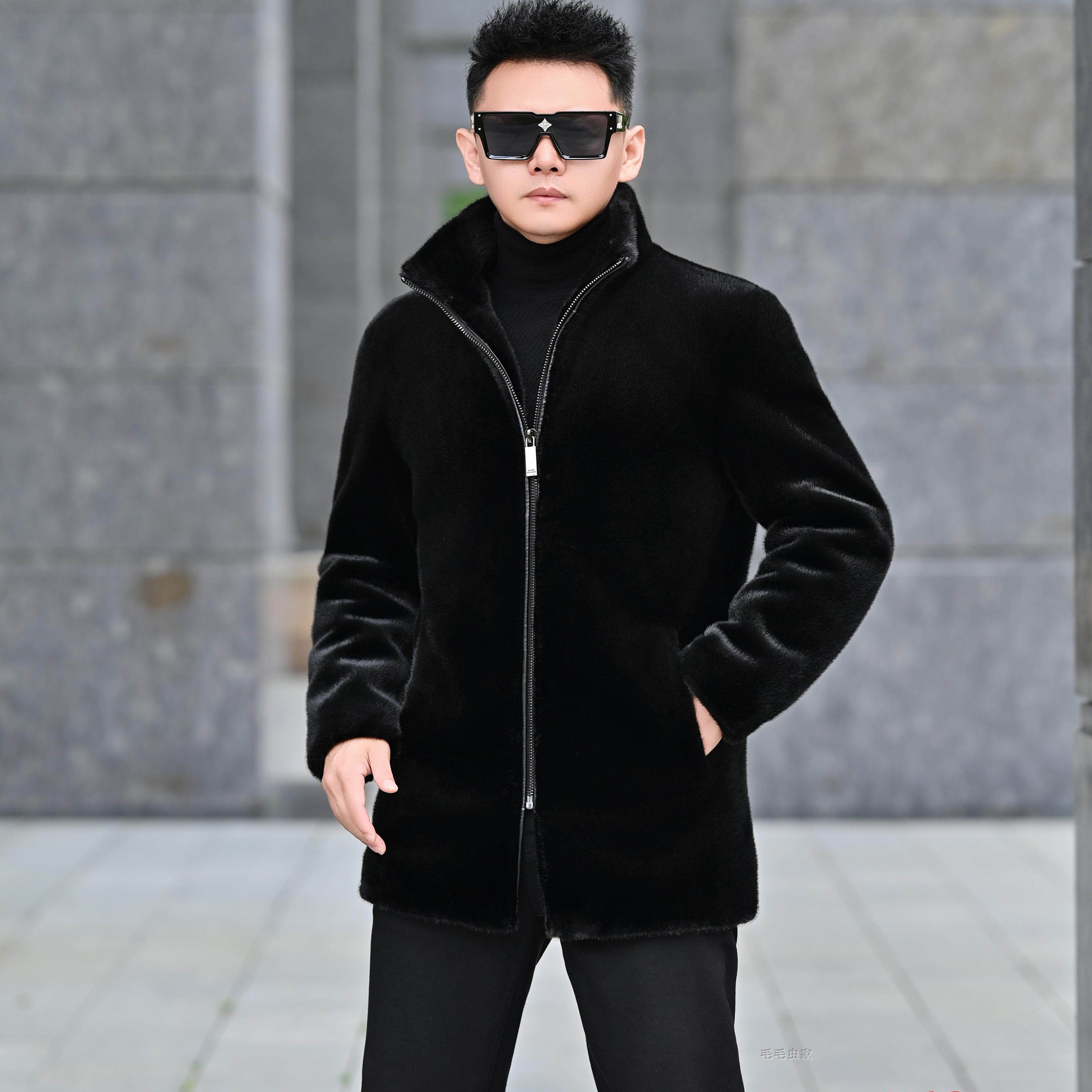 真皮皮毛中长款金貂绒黑色立领上衣皮草冬外套男雪兰貂皮毛一体