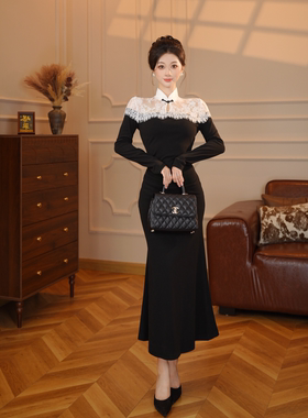 2025秋冬季新款无拉链设计感新中式蕾丝撞色拼接包臀连衣裙D4258