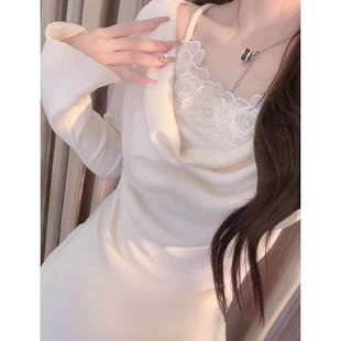 韩系蕾丝花朵气质连衣裙2025秋冬新款 甜辣打底内搭长裙子D4230