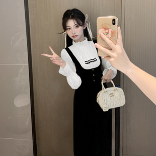 复古浪漫丝绒长袖 法式 收腰假两件连衣裙D3711 新款 2025秋季