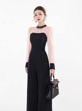 2025秋季新款法式收腰显瘦长袖时尚百搭撞色拼接连体裤D3565