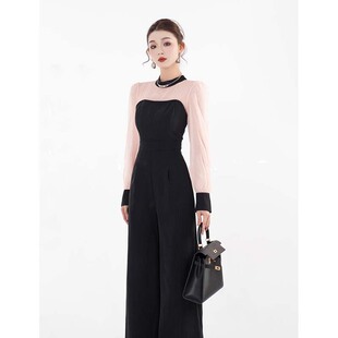 新款 百搭撞色拼接连体裤 法式 时尚 D3565 收腰显瘦长袖 2025秋季