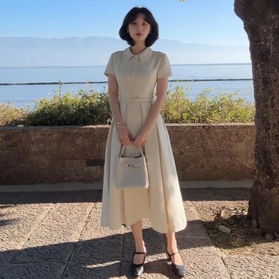 送腰带2026夏季新款法式连衣裙小个子气质收腰显瘦绝美长裙D7803
