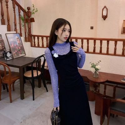 2025秋冬季新款无拉链假两件连衣裙修身鱼尾长裙长袖打底裙LJ0173