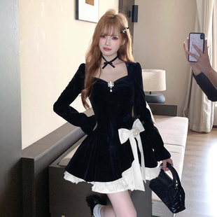 花朵裙摆小黑裙重工千金连衣裙女HY0237 法式 2025秋冬季 新款