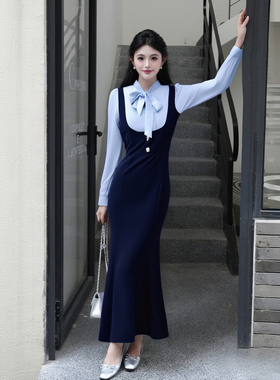 2025秋季新款假两件名媛风飘带设计感假两件鱼尾连衣裙女D3478