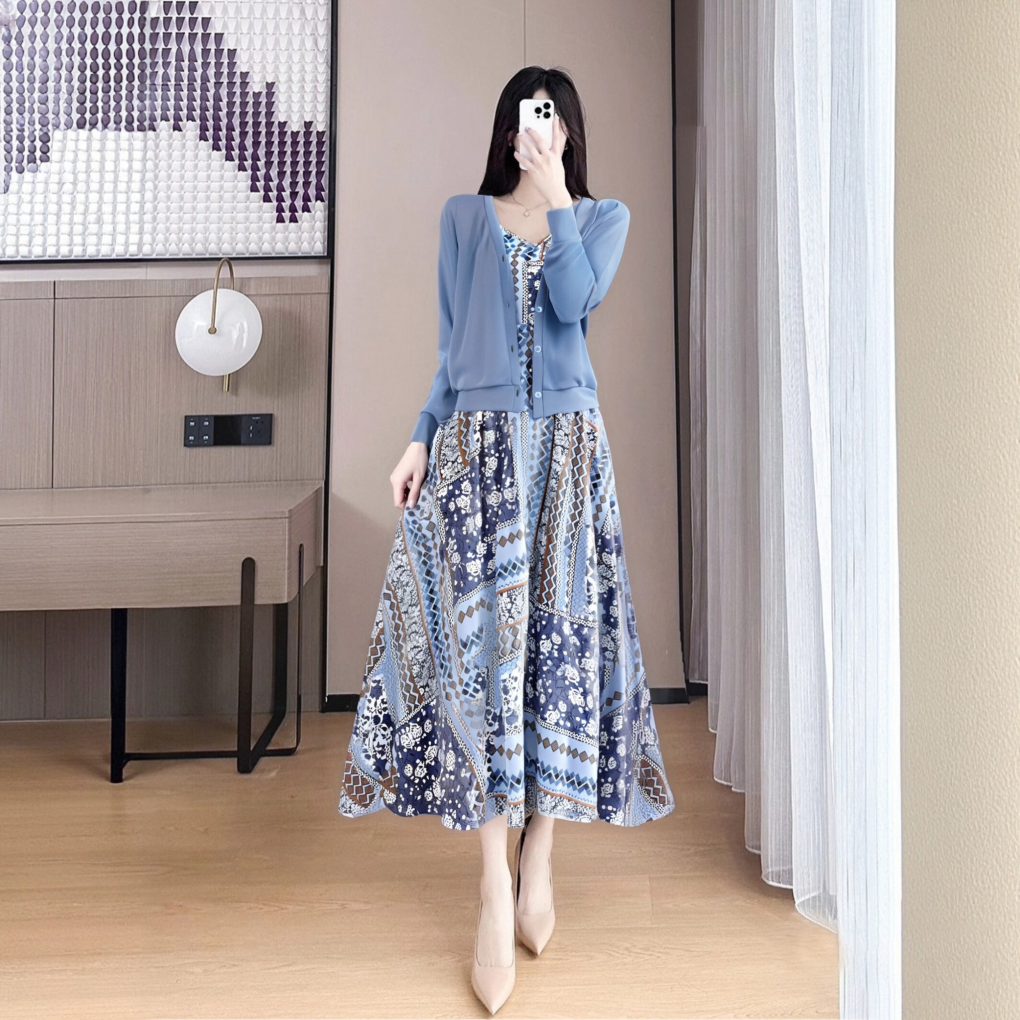高级感超好看法式绝美蓝色开衫碎花吊带显瘦连衣裙套装D0628B,女装/女士精品,时尚套装,淘宝优惠券,粉丝福利购,淘宝优惠卷