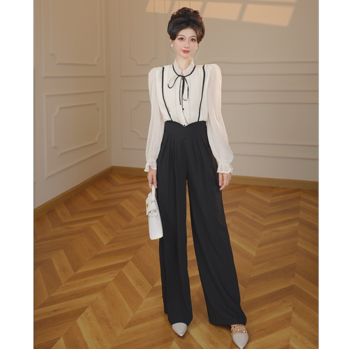 2025新款秋季法式气质白色长袖衬衫宽松背带裤两件套套装QJ0014