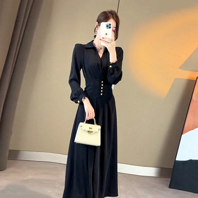 新款优雅气质小黑裙2026年春季新款名媛御姐感赫本连衣裙7556