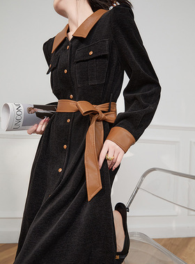 黑色赫本风长袖时尚女连衣裙2026春拼色法式气质名媛复古裙子2302