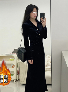 2025秋冬新款加绒加厚法式复古轻奢收腰温柔连衣裙D4145A