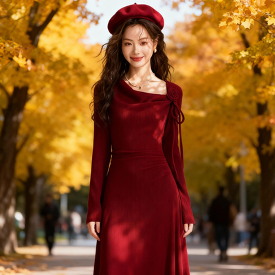 2025秋季新款红色赫本风高级感长袖连衣裙收腰气质长裙女D4003