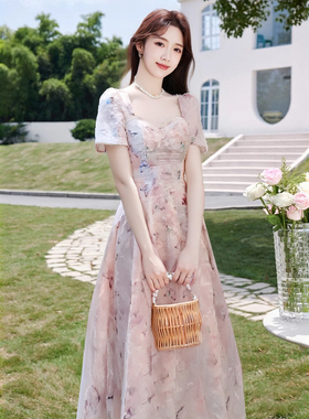 【有里布】粉色碎花显瘦气质时尚复古初恋法式方领连衣裙D1625A