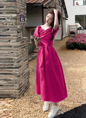 法式方领系带收腰连衣裙女夏a字蝴蝶结泡泡袖气质显瘦长裙D1396B