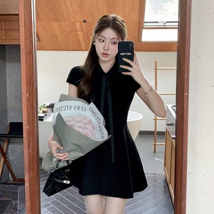 【送飘带】收腰显瘦polo领黑色连衣裙韩里韩气修身小黑裙D3051
