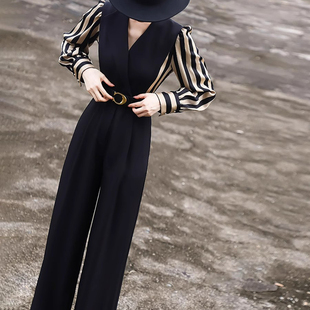 气质通勤条纹拼接高腰系带连体裤 新款 2026春季 女D0522 送腰带