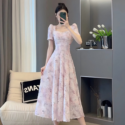 【有里布】粉色碎花显瘦气质时尚复古初恋法式方领连衣裙D1625